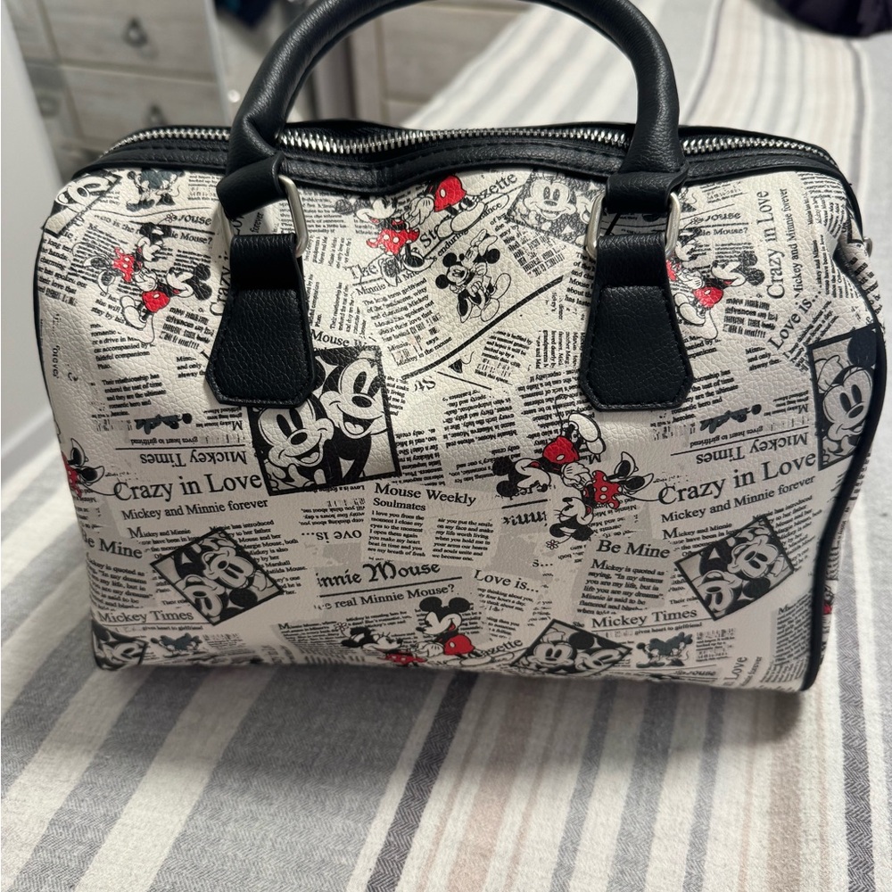 Disney Mickey Mouse Newspaper Print Shoulder Bag - Black, White, and Red